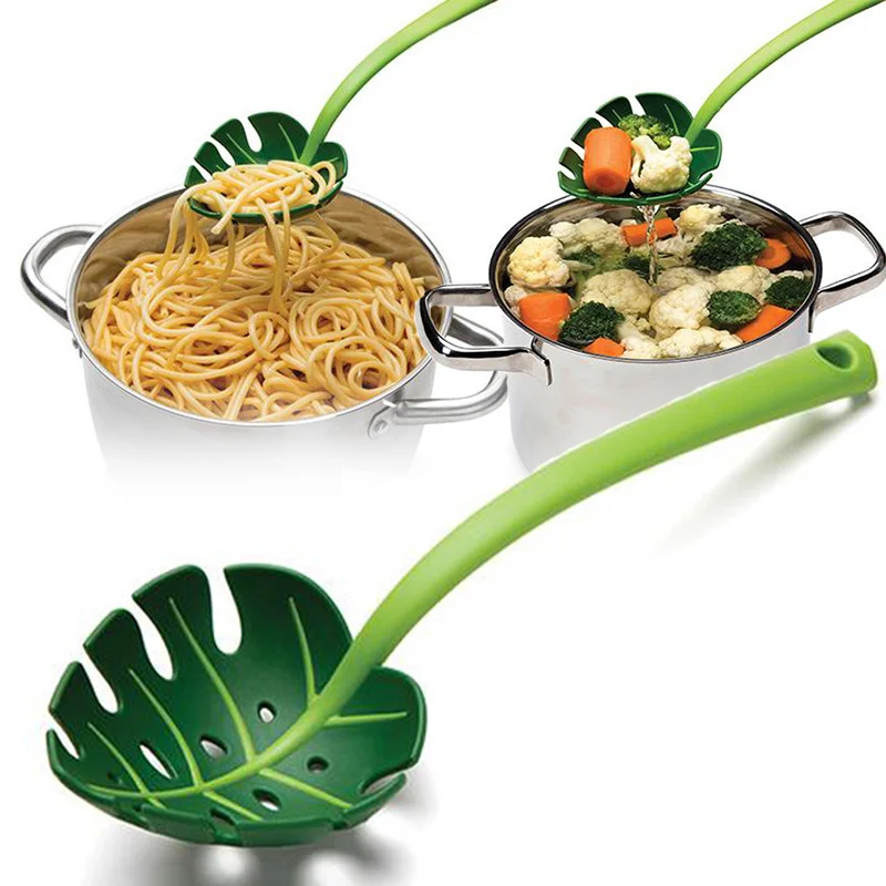

Kitchen Gadgets Green Leaf Shape Slotted Spoon Holding Vegetable Noodles Small Utensils Multi-functional Plastic Strainer