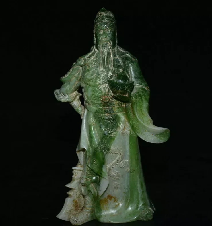 12-дюймовая китайская резная статуя из натурального зеленого нефрита Guan Gong Yu Warrior