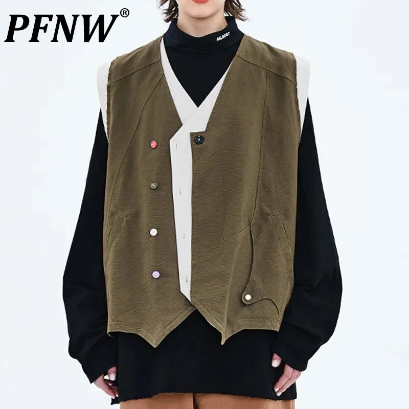 

Жилет PFNW мужской асимметричный, винтажный жилет с цветными пуговицами, в японском стиле сафари, в стиле пэчворк, с V-образным вырезом, 12A9256, весна-лето