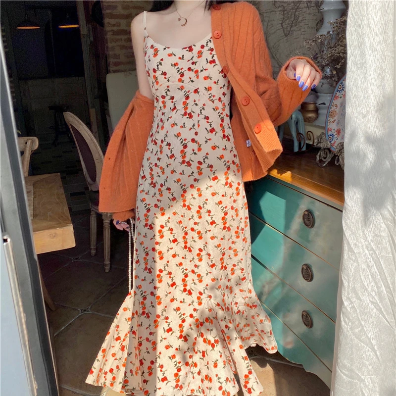 

Women Fall Two Piece Set French Style Slim Body Fairy Floral Strap Dress + Orange Knitted Cardigan Jacket Female Fashion Suits