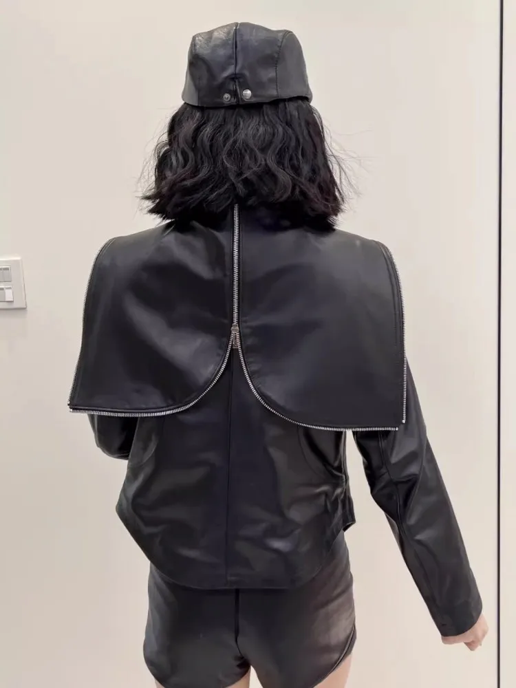 Женская короткая куртка из натуральной овечьей кожи Черная с капюшоном и длинным