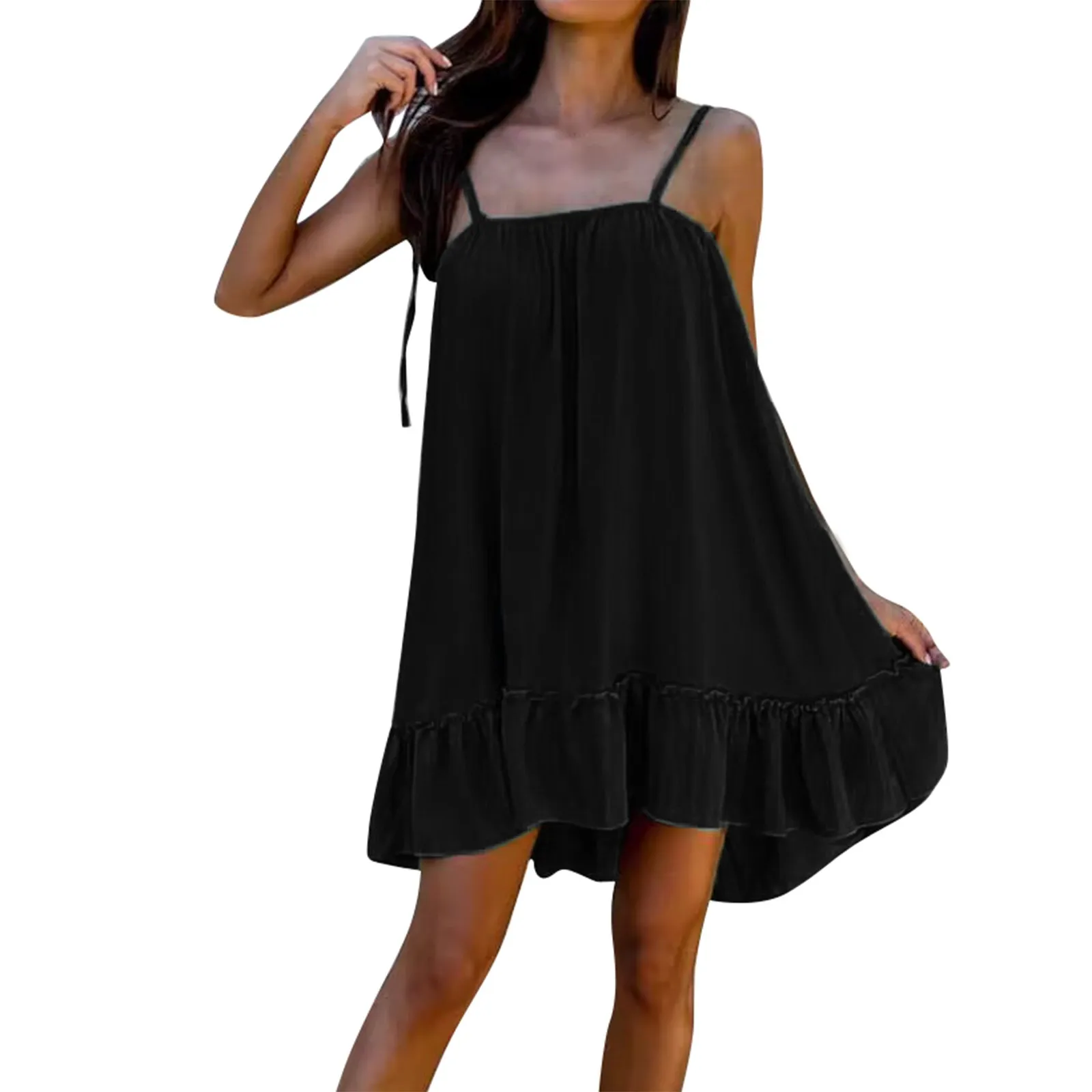 

Women's Sleeveless Solid Color V Neck Backless Loose Ruffled Dress Shoulder Short Sleeve Dress