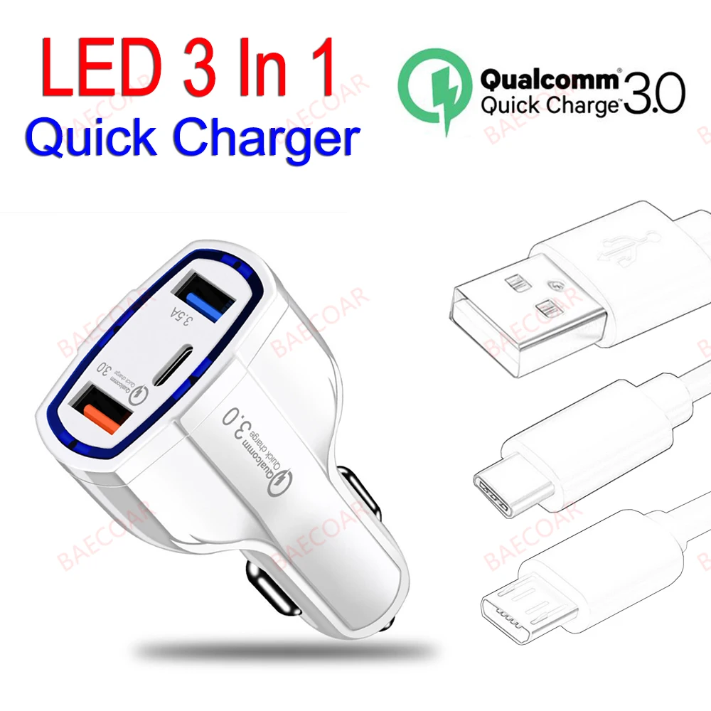 

3 USB Type C Car-Charger USB C Charger Quick Charge 3.0 Fast Charging Smart Phones Chargers for Xiaomi Redmi Note 8 9 10 11 Pro