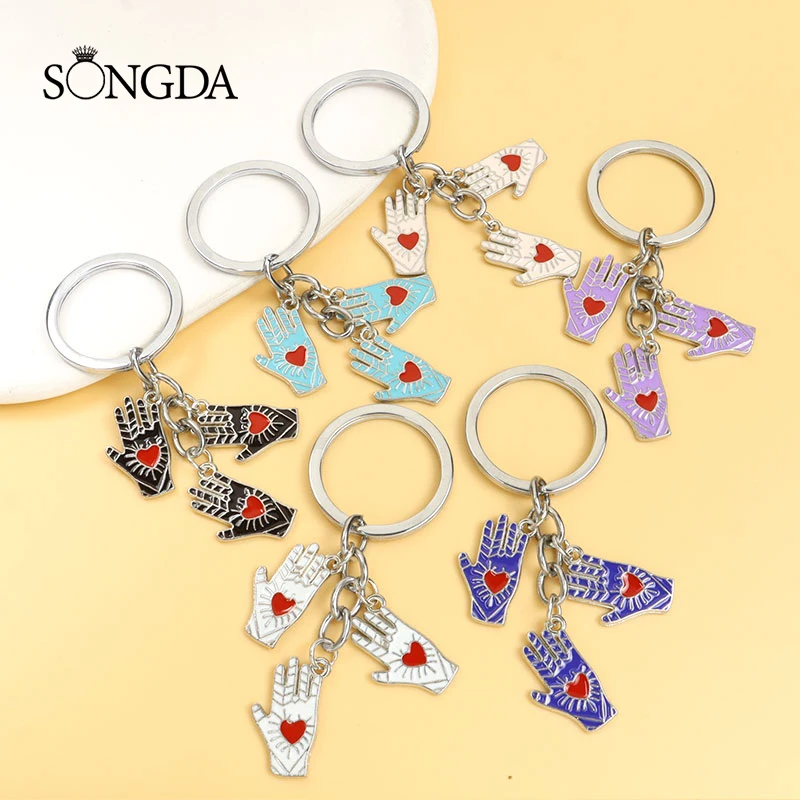 

Fashion Enamel Keychains Palms Red Heart Lucky Keyrings Colorful Hamsa Hand Alloy Key Chains For Women Man Handbag Jewelry Gifts