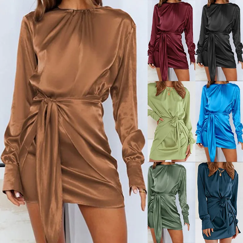 

2023 Women's Spring Summer New Long Sleeve Round Neck Elastic Lace High Waist Elegant Dress Dress