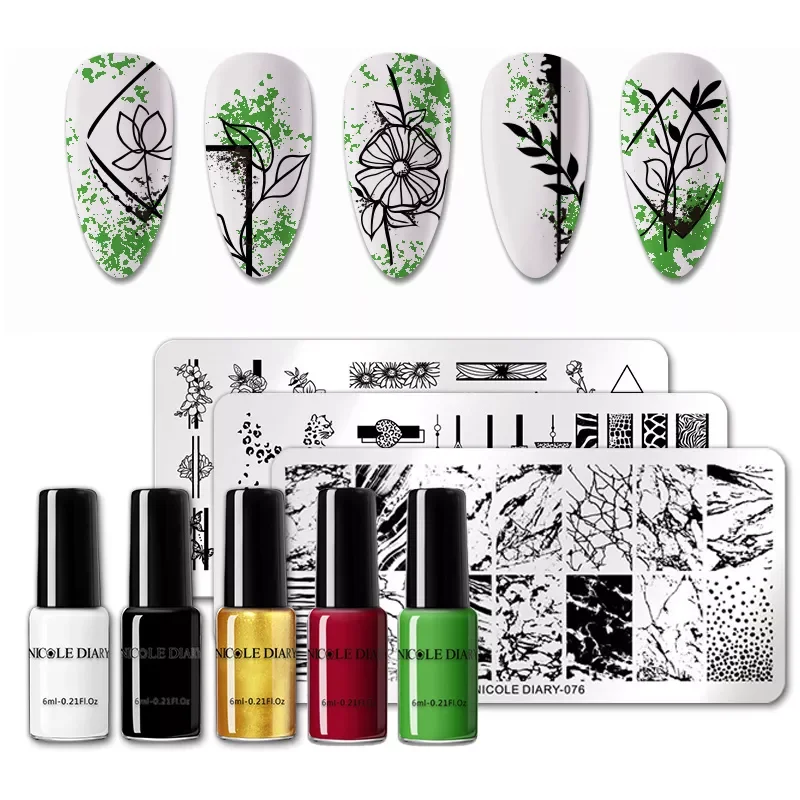 

NEW IN Stamping Polish Set Flower Stripe Design Stamp Plates Kit Black White Gold Silver Printing Varnish Snake Pattern Stencil