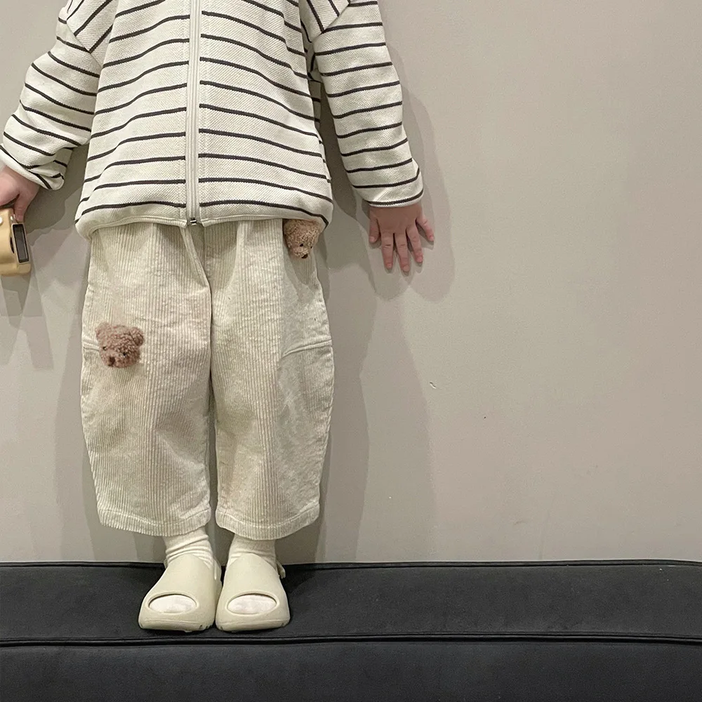 

Autumn Winter baby girls cartoon bear corduroy loose trousers Boys 2 colors elastic casual pants