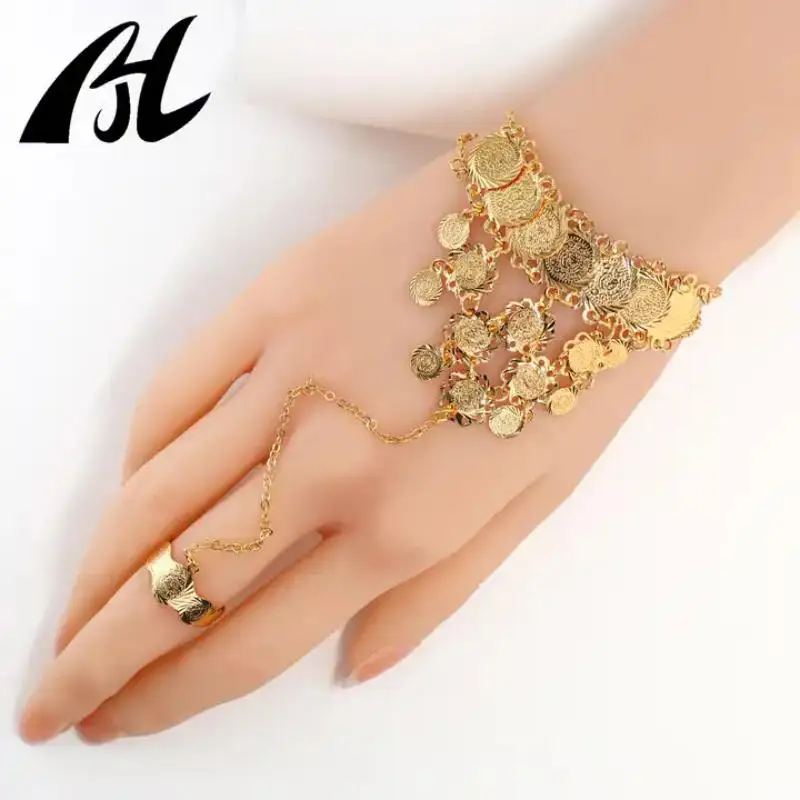 

Hot Sale Boho Style Elegant Chain Coin Finger Bracelet Chain 21K Gold Plated Copper Bracelet