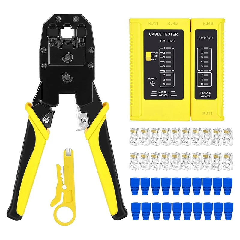 

Обжимные инструменты RJ45, комплект из 20 разъемов Cat5 RJ45, 20 натяжных сапог, 1 мини-устройство для зачистки проводов, 1 тестер кабеля RJ45