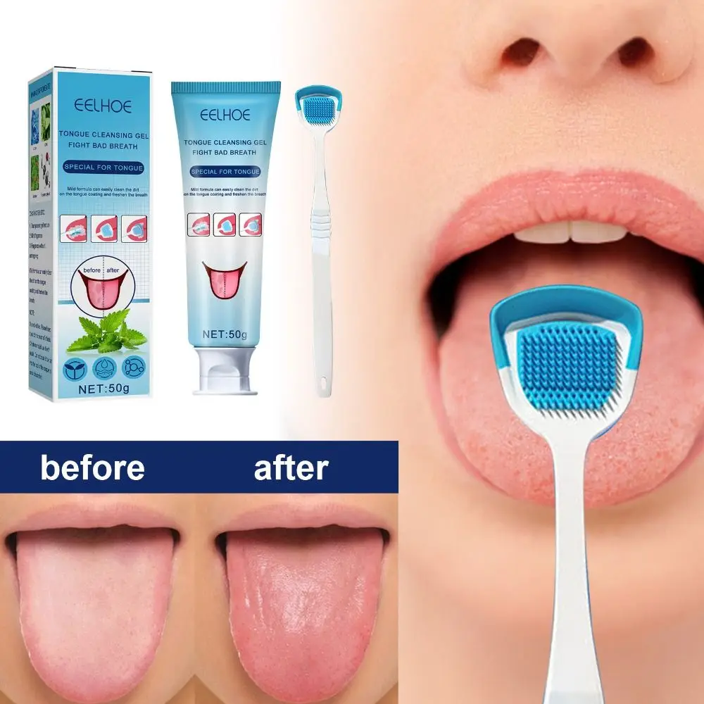 

Fresh Breath Tongue Cleaning Kit Mint Oral Cleaning Brush Tongue Cleaning Gel With Brush 50g Remove Halitosis