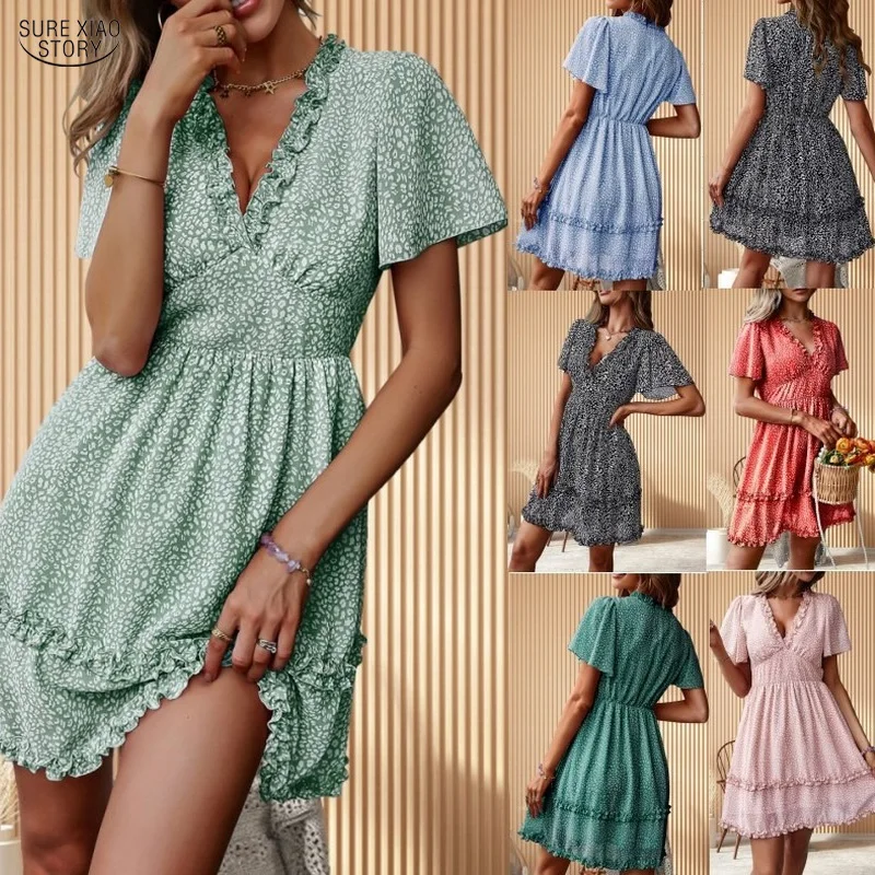 

Elegant Sweet High Waist A-line Chiffon Dress Summer Floral Print Dress Women Short Sleeve Pleated Bohemian Dress Vestido 20875