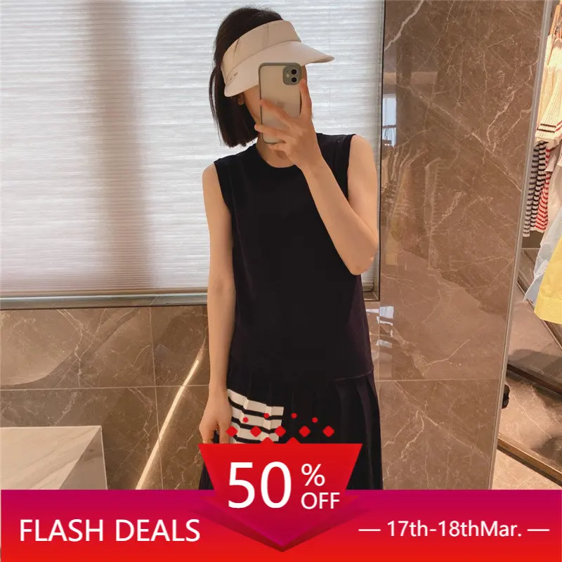 

TB College Style Pleated Dress Summer Korean Version Loose Casual Age-reducing Sleeveless Vest Ice Silk Knitted A-line Skirt