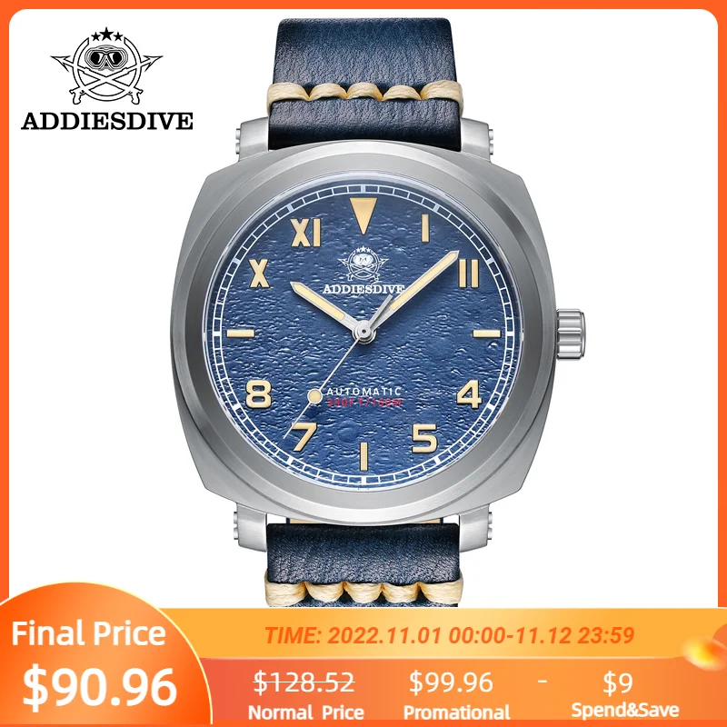 Продажа Мужские автоматические стальные часы ADDIESDIVE, зеленый светящийся циферблат, сапфировое стекло, Водонепроницаемость 100 м, NH38, механические час...