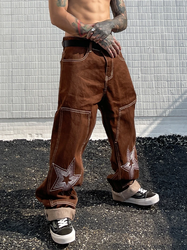 Four Seasons Star Embroidered Straight Loose Fit Boyfriend Pant Pantalone Hombre Y2K Fashion Brown Mid Waist Loose Jeans for Men