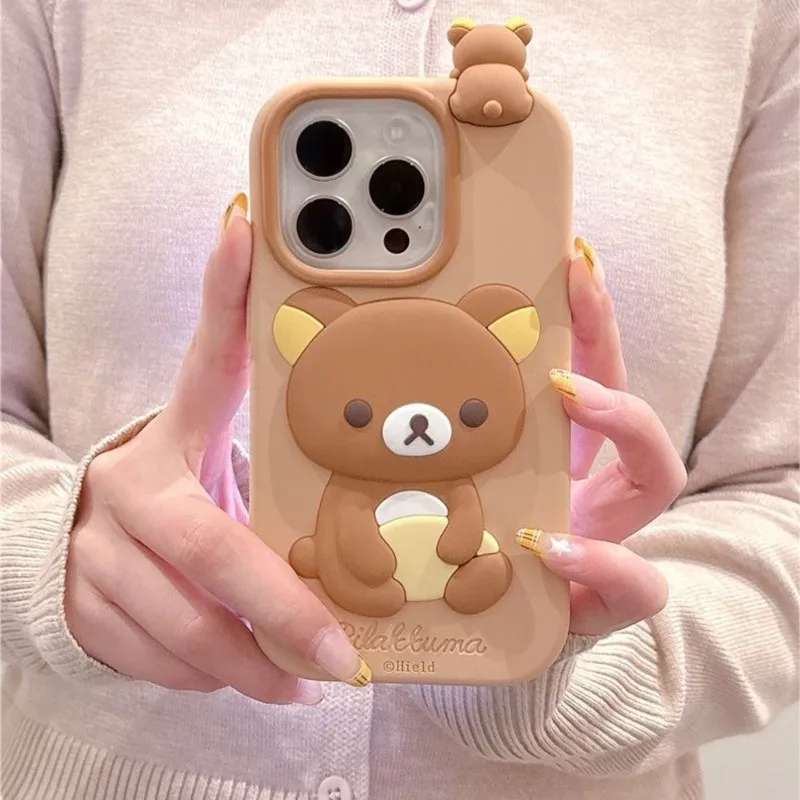 Фото Милый 3D-чехол для телефона Rilakkuma Bear с мини-медведем на верхней части для iPhone 17 16 15 14 13 12 Pro Max, мягкий силиконовый противоударный чехол №2