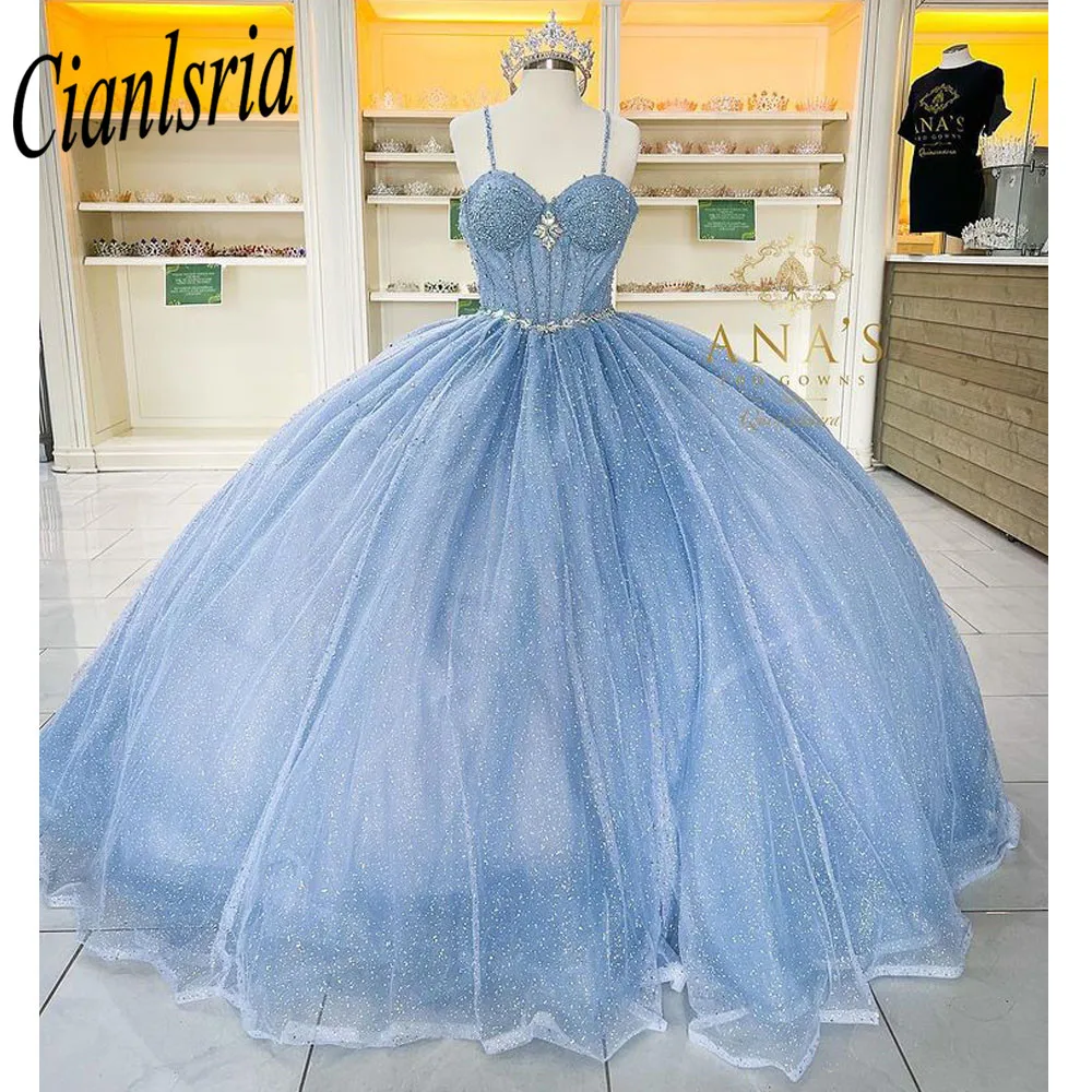 

Elegant quinceanera dress Sleeveless sweet 16 dresses blue ball gown girl pageant Gown beaded lace Adult Prom party Dress