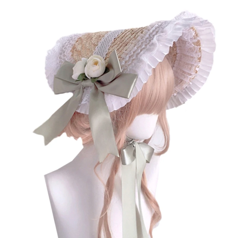 

Women Flower Straw Hat with Chin Strap Ruffle Lace for Sun Hats Tea Party Headwear Vintage Victorian Ribbon for S DXAA