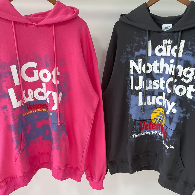 

Washed VETEMENTS Pink Hoodies Oversized Men Women Lucky 777 Printing Oversized Hooded Jackets