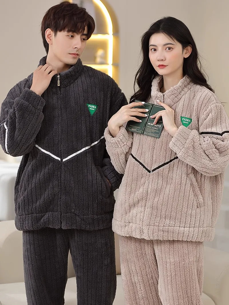 2024 Winter Couple Pajamas Warm Coral Fleece Thickened Fleece-lined Flannel Zip-up Langsha Home Wear Set
