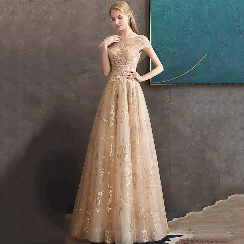 

Женское блестящее платье с аппликацией, длинное блестящее платье цвета шампанского, расшитое блестками, расширяющееся книзу, с круглым вырезом и рукавом-крылышком, в стиле звезд, для выпускного вечера