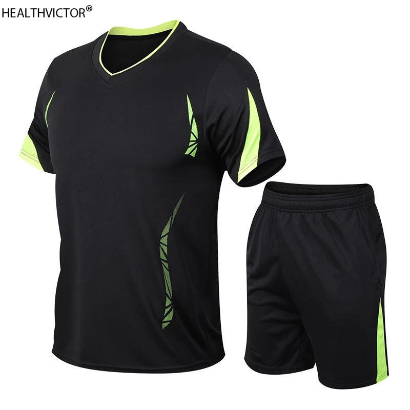 

Summer Two Pieces Short Sleeve Man T-shirt Suit Fashion Outdoor Sports Tracksuit Pockets V Neck T Shirt Shorts Men Soccer Set