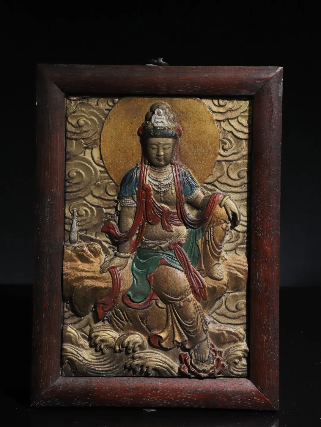 

12"Tibet Temple Collection Old Rosewood mounting Painted symbol of purity Guanyin Bodhisattva Thangka Wall hanging Worship Hall