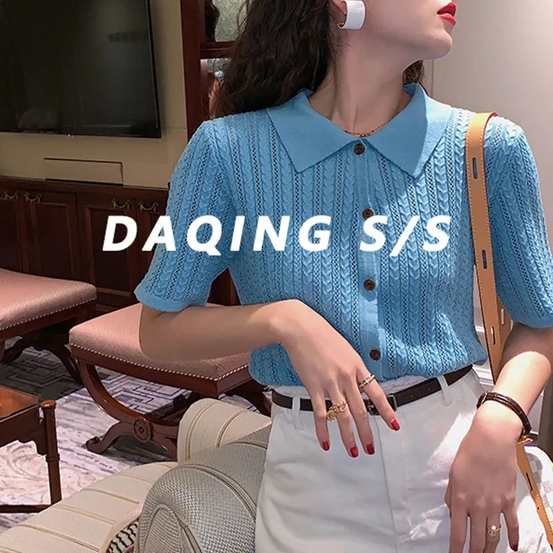 

Chic POLO Short Sleeve T-Shirt Knitting Women Clothing Blue Loose Urbane Casual Aesthetic Summer Top 2022 New Korean Fashion