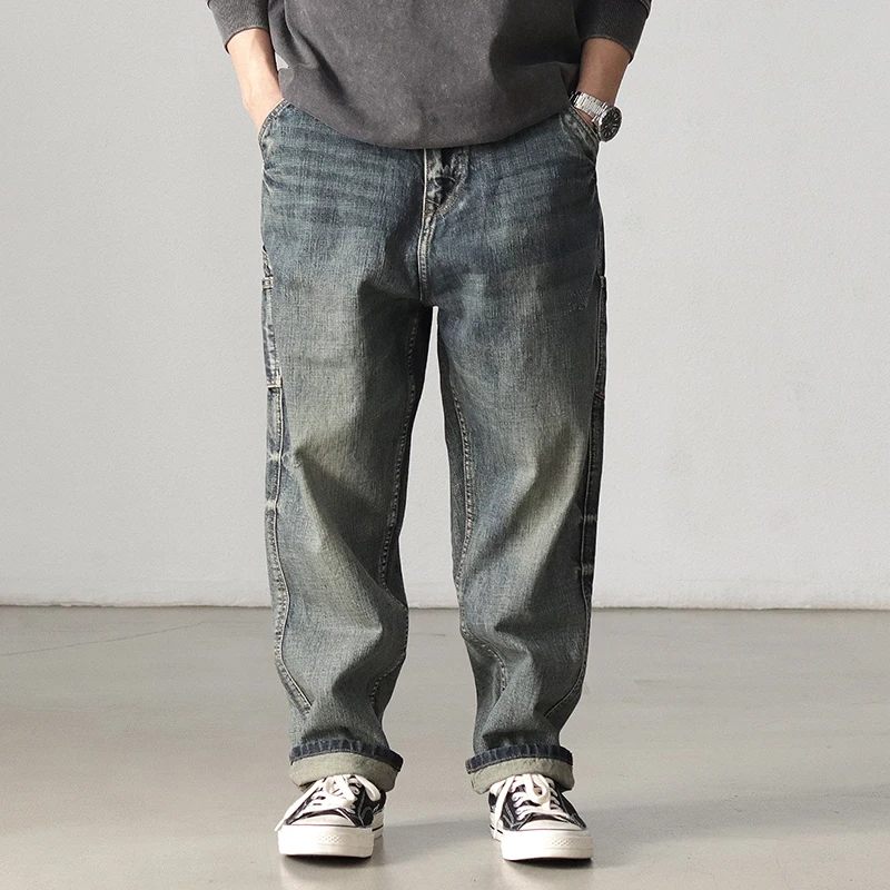 Men's jeans straight tube loose Japanese retro spring and autumn leisure wash do old sand wash retro broad-legged overalls