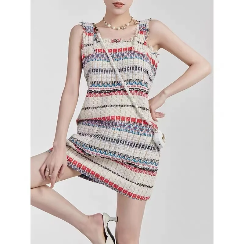 Элегантное повседневное платье из твида на тонких бретелях для женщин летнее сексуальное без рукавов с открытой спиной полоска с карманами вечернее платье.