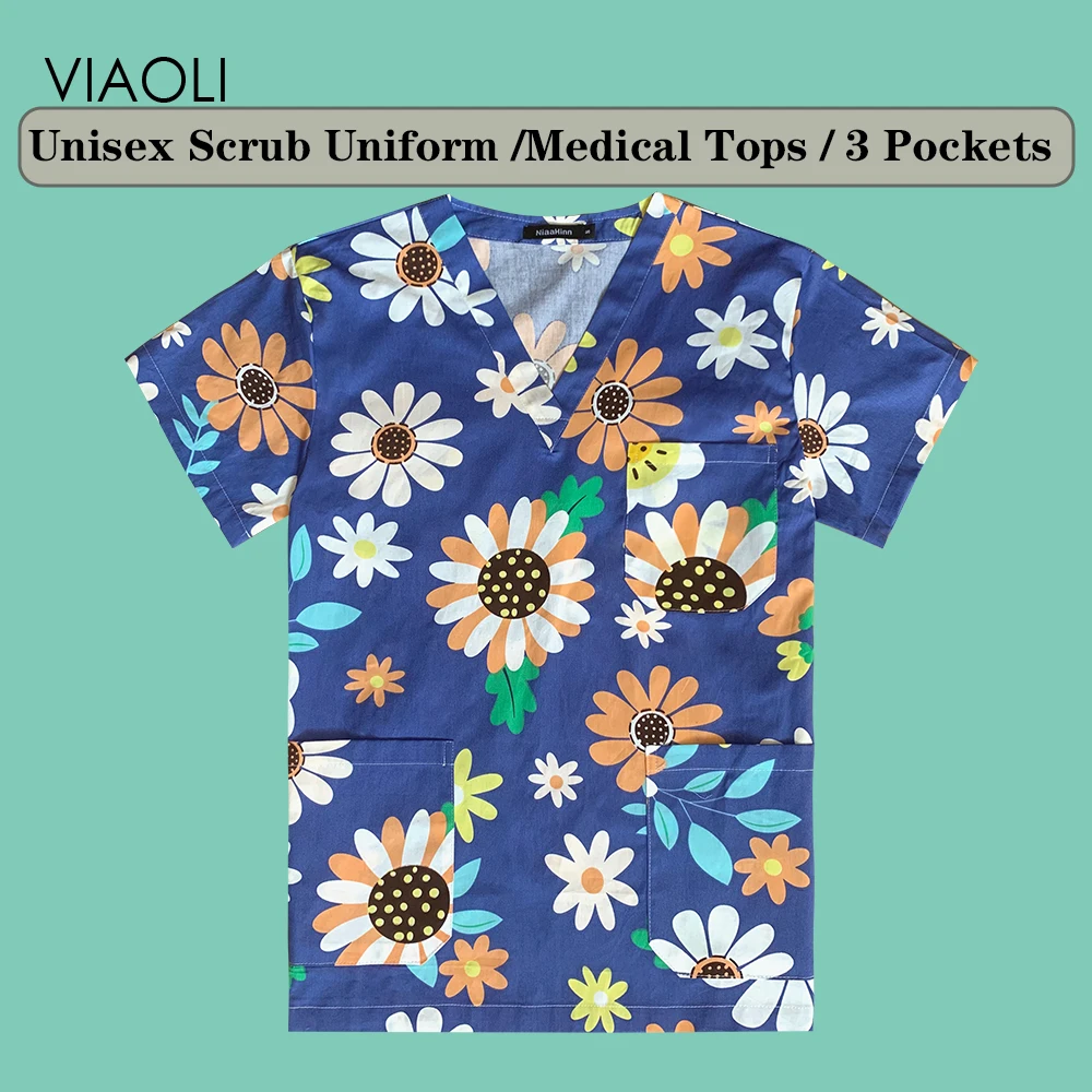 

Floral Nursing Scrubs Tops Women Working Uniform Blouse Short Sleeve V-neck Uniform Blusas Nursing Clothes Nurses Tunic Uniform