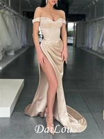 a line minimalist high split prom formal evening dress off shoulder sleeveless court train charmeuse with slit pure color
