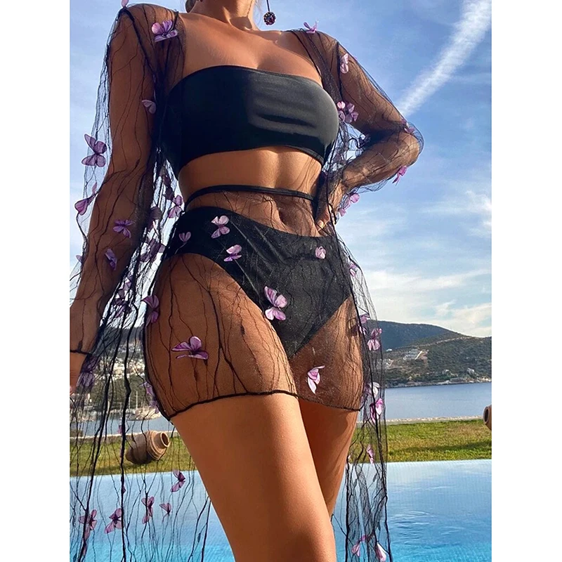 

Women's Swimwear Bikini Cover Up Long Sleeve Sheer Butterfly Solid Color Ankle Long Dress Women Clothing Beachwear Bathing Suit