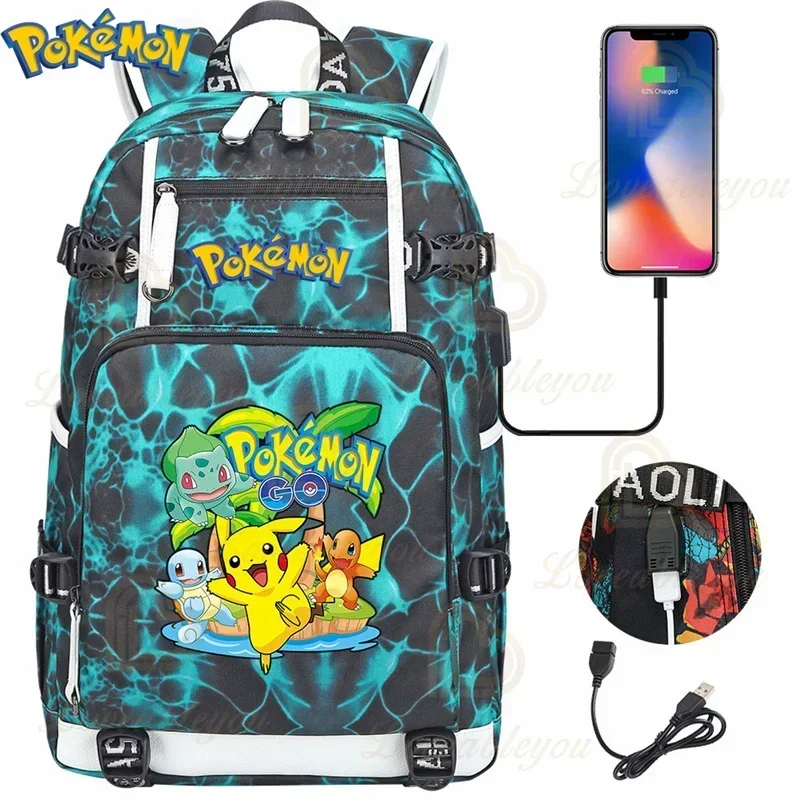 Фото Рюкзак Bulbasaur Pikachu, школьный рюкзак с USB для детей, канцелярские принадлежности для учебы, основные аниме-фигурки, сумки для книг, Mochila, подарок №4