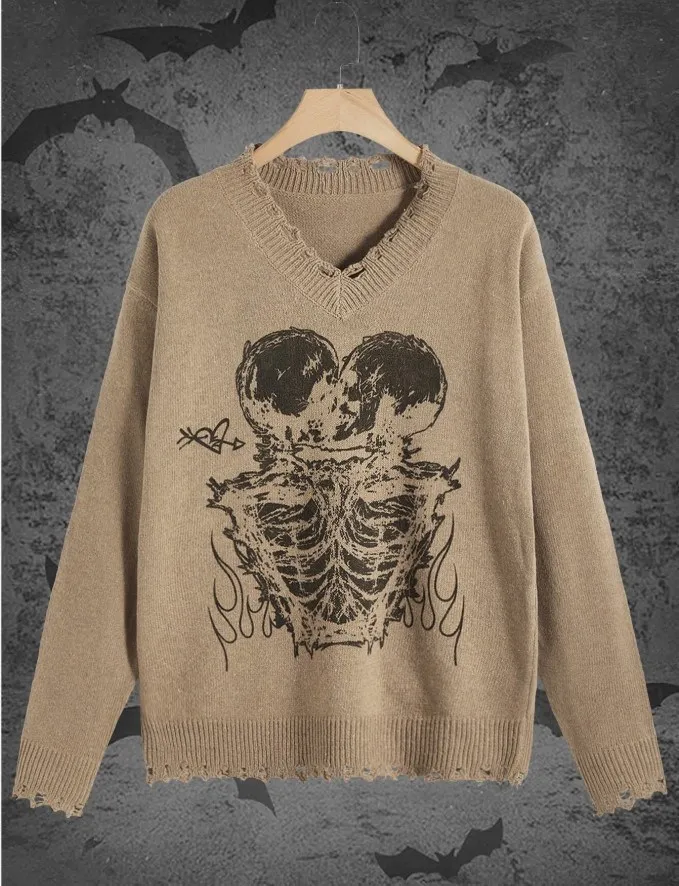 

Y2K men's and women's pullovers in autumn and winter retro skeleton pattern sweater street knitting