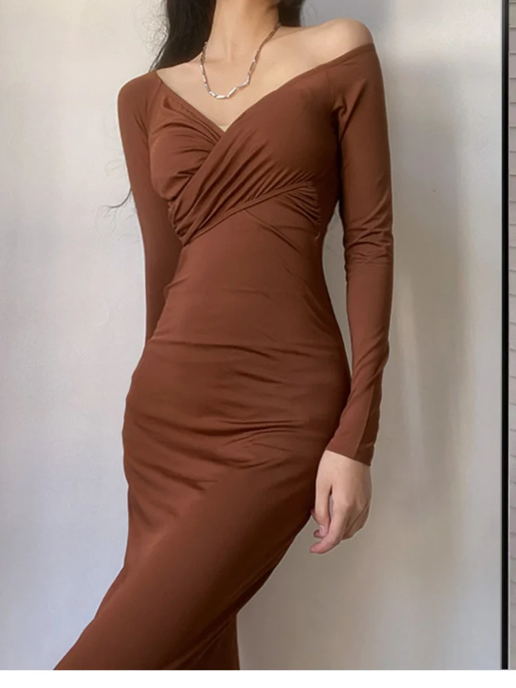 

sweet Off Shoulder V Neck Long Maxi Dress For Female Sexy High Waist Tight Slim Solid Hot Sexy Korena Women Winter Robe RKF3