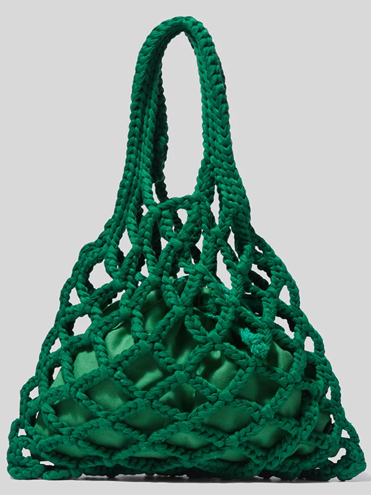 

Designer Braided crochet net bag Women Casual summer woven beach bucket tote bag purse green khaki black color 2022 new