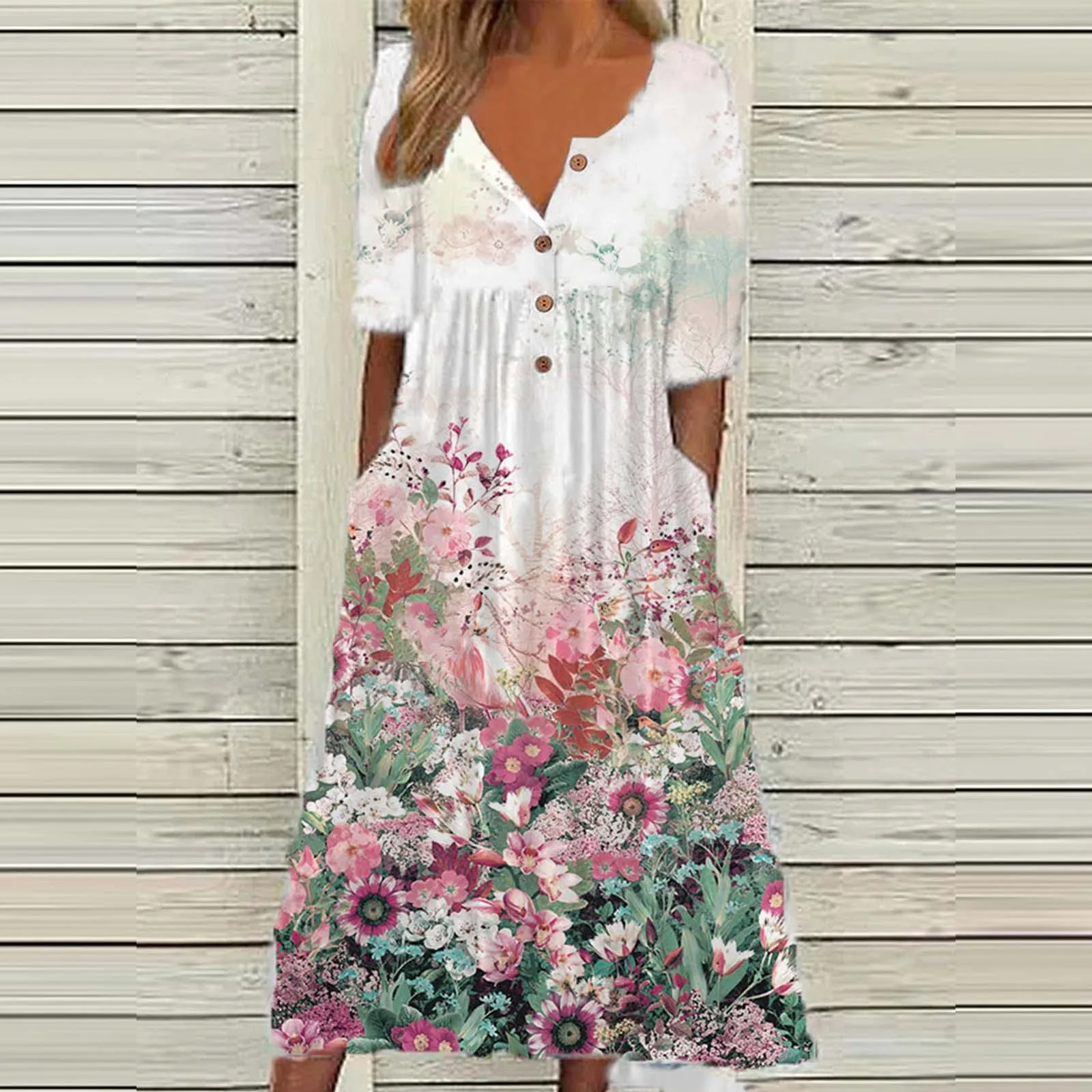 

Женское платье с цветочным принтом, голубое повседневное длинное пляжное фиолетовое платье миди с коротким рукавом, круглым вырезом, пугов...