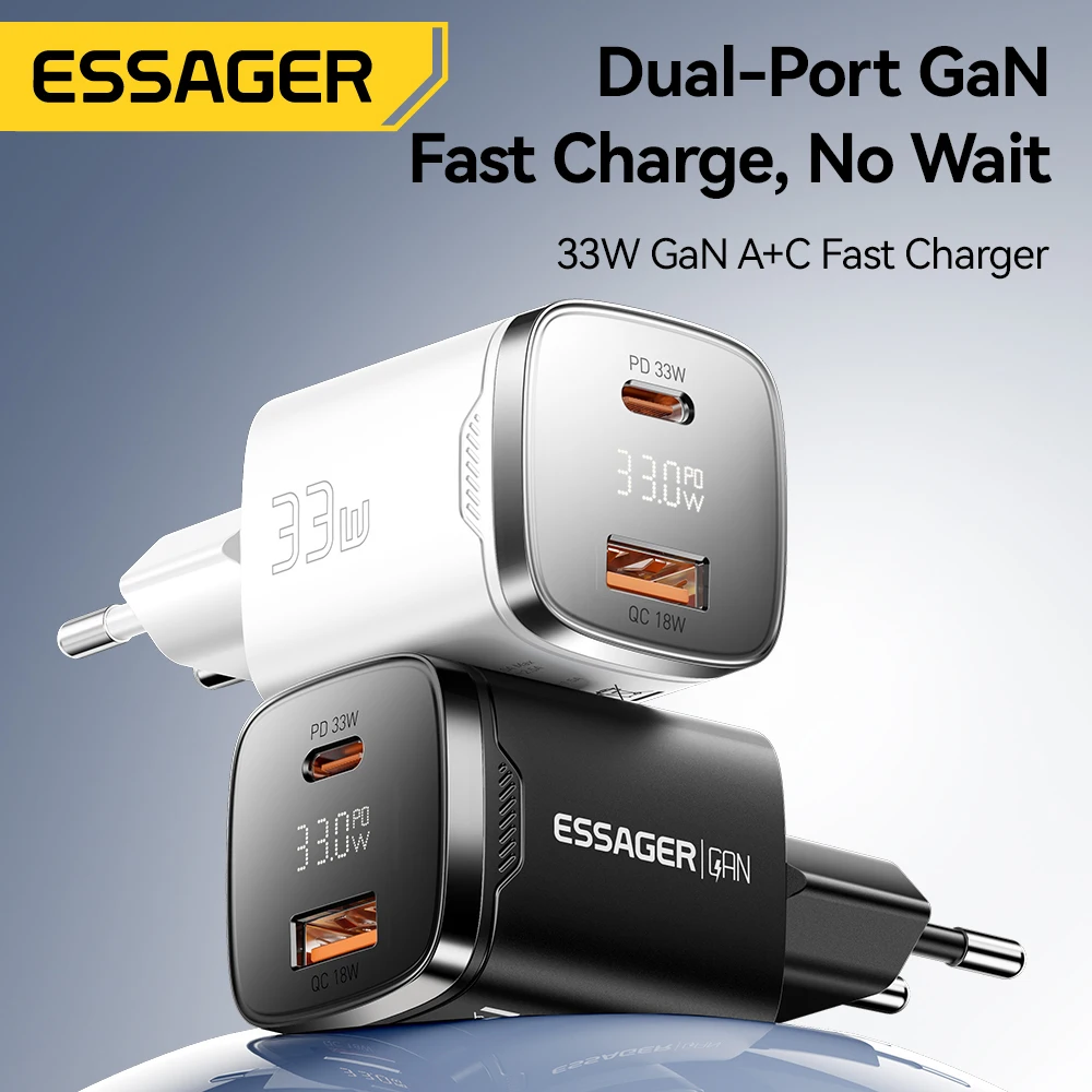 Фото Essager 33 Вт GaN USB Type C Зарядное устройство с цифровым дисплеем PD Быстрая зарядка для iPhone 16 15 14 Pro Max iPad Mini 6 Xiaomi Samsung S22 №3