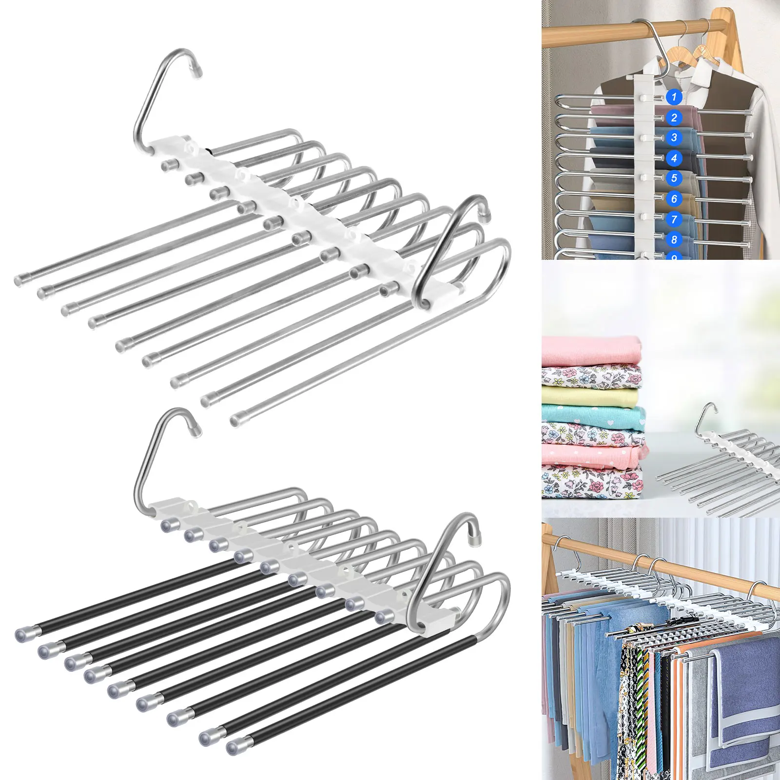 

L Pants Hanger 9 Layers Collapsible Pants Holders Heavy Duty Stainless Steel Pants Rack Non-Slip Pants Holders Space Saving