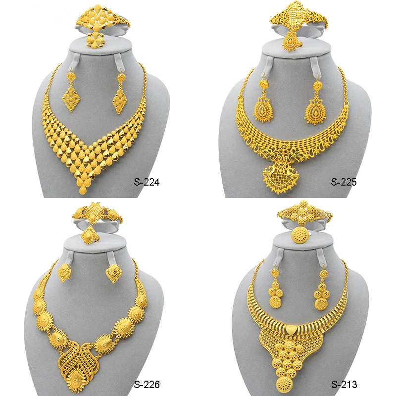 

24K Gilded Bridal Necklace Earrings Ring Bracelet Set of Four Arabian Nigerian Women's Jewelry Set