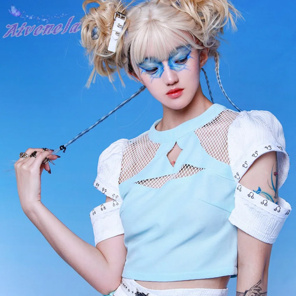 Базовая футболка в стиле Харадзюку Y2K для девочек Милая женская сетку с вырезом и