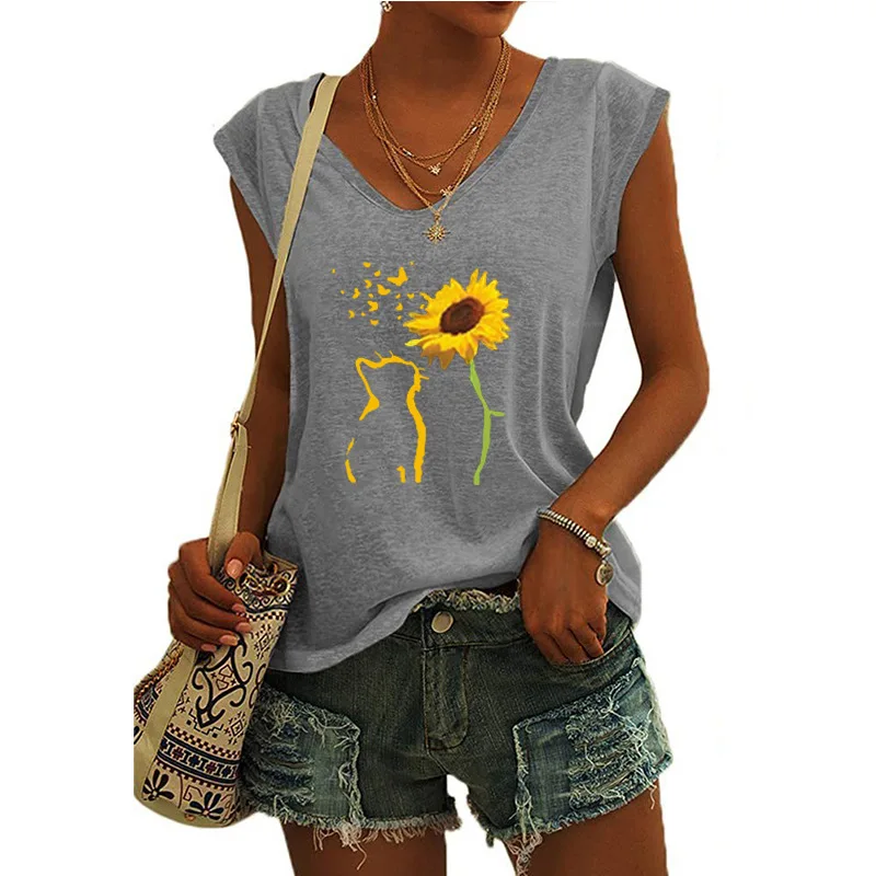 

Женская хлопковая Футболка с принтом и V-образным вырезом