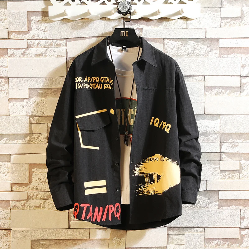 

Men's Shirts Autumn Fashion Trend Korean Style Long Sleeve Casual Harujuku Men Clothing Tops Letter Print Design Loose Coat