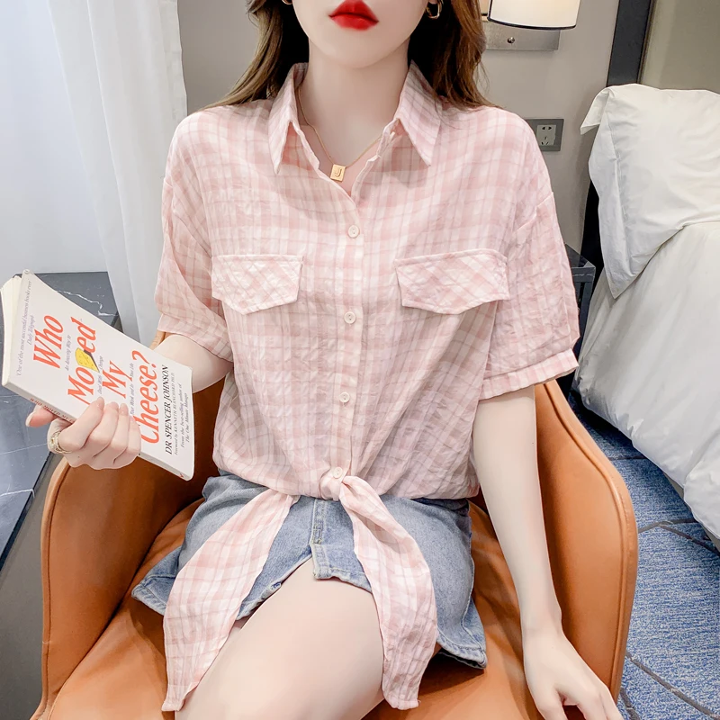 

Fashion Summer Tie Front Crop Top Button Up Collared Shirts Loose Casual Korean Sweet Short Sleeve Pink Plaid Women Tops Bloues