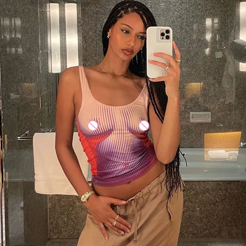 

Женский летний топ без рукавов Y2k, Привлекательные Клубные уличные топы с 3D принтом и U-образным вырезом