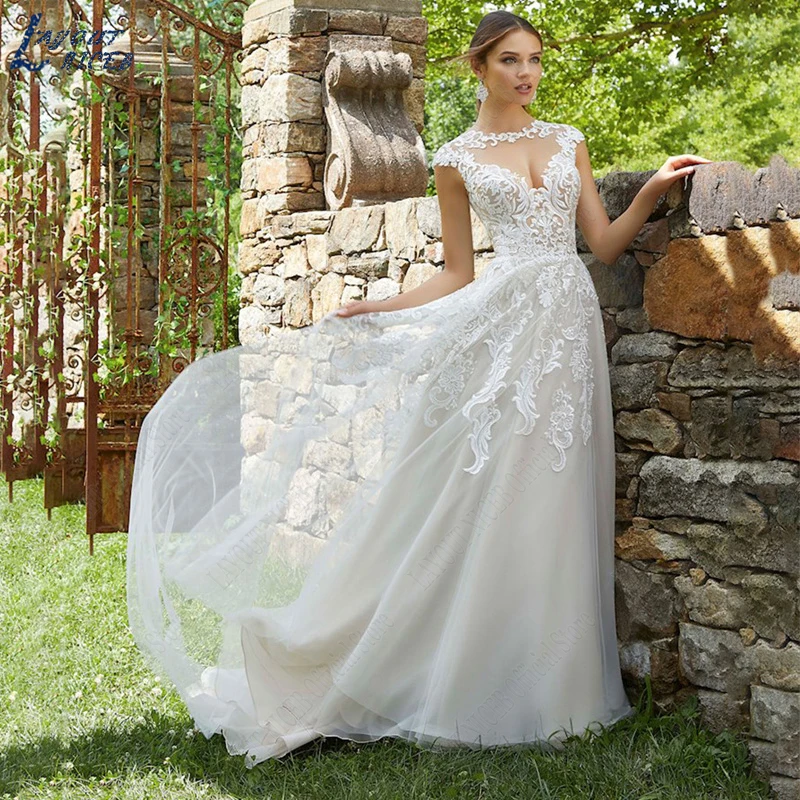 

LAYOUT NICEB Wedding Dress For Woman Illusion Appliques Lace O-Neck Bridal Gown Elegant Cap Sleeves Vestido De Noiva Casamento