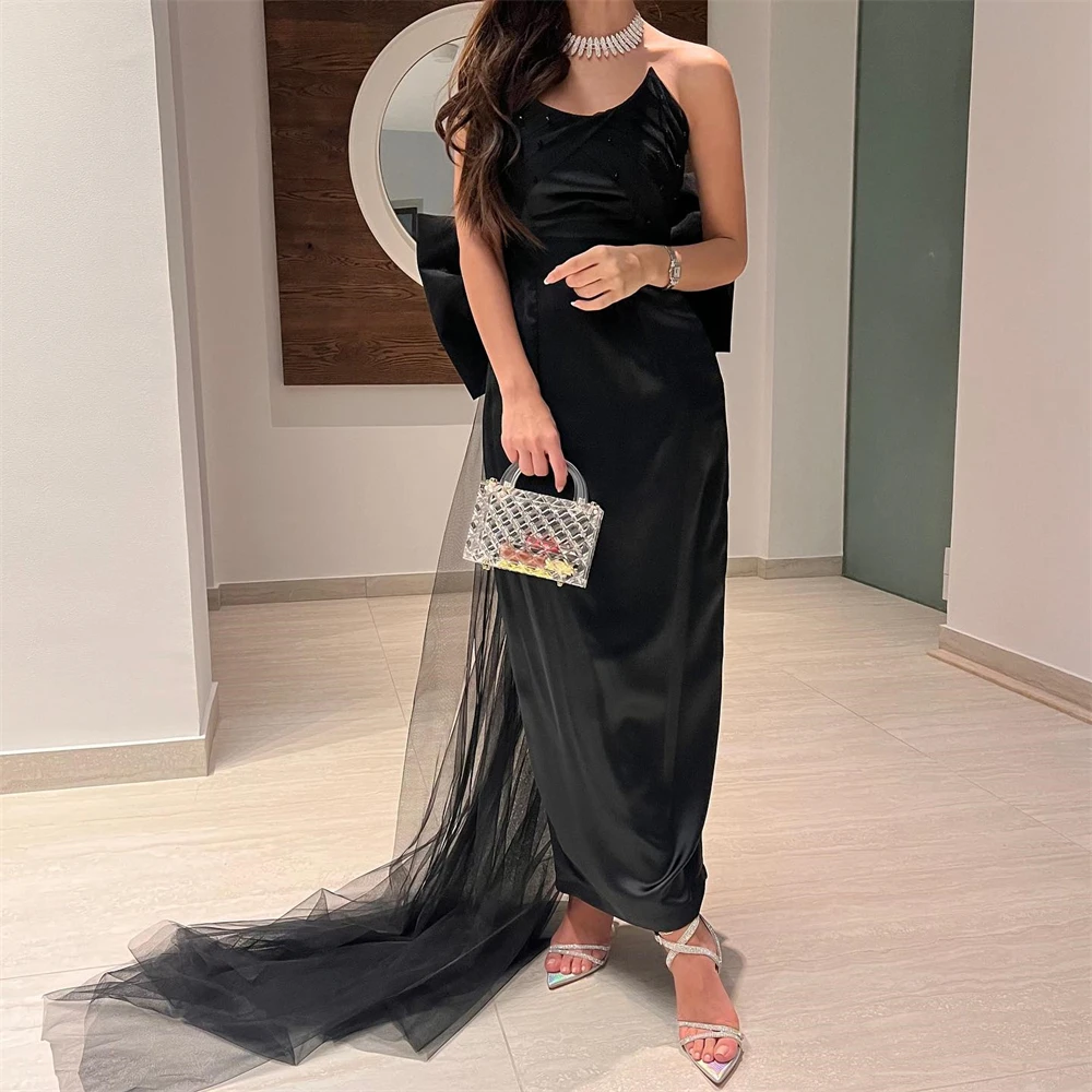 

Fashion Black Strapless Satin Formal Occasion Prom Dresses A-Line Floor-length Women Evening Party Dress فساتين السهرة