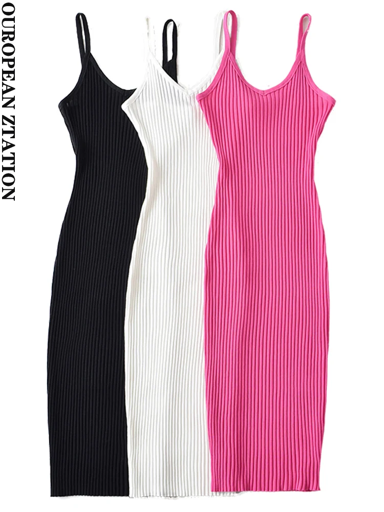

PAILETE Women 2023 fashion ribbed midi dress vintage v neck thin straps female dresses vestidos mujer
