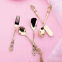 exquisite palace stainless steel golden hollow carved coffee spoon cake fork retro gift tableware set dinnerware cutlery silver