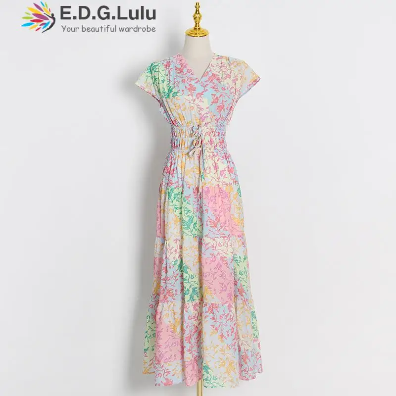 

Новое поступление, платье EDGLuLu в деревенском стиле с коротким рукавом и V-образным вырезом, длинное пляжное платье для отпуска на завязках с ...